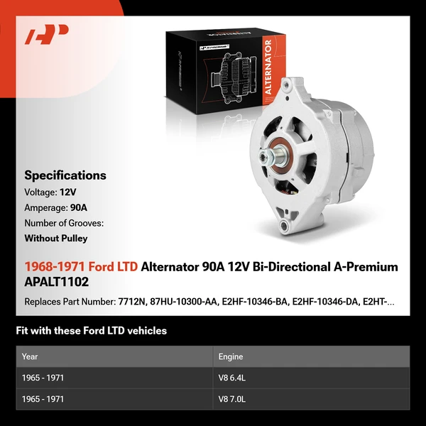 1968-1971 Ford LTD Alternator 90A 12V Bi-Directional A-Premium APALT1102