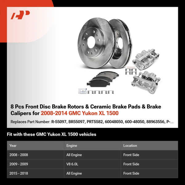 8 Pcs Front Disc Brake Rotors & Ceramic Brake Pads & Brake Calipers for 2008-2014 GMC Yukon XL 1500