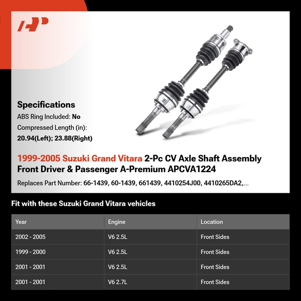 1999-2005 Suzuki Grand Vitara 2-Pc CV Axle Shaft Assembly Front Driver & Passenger A-Premium APCVA1224