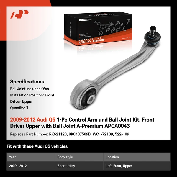 2009-2012 Audi Q5 1-Pc Control Arm and Ball Joint Kit, Front Driver Upper with Ball Joint A-Premium APCA0043