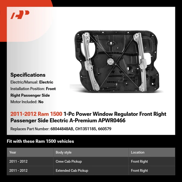 2011-2012 Ram 1500 1-Pc Power Window Regulator Front Right Passenger Side Electric A-Premium APWR0466