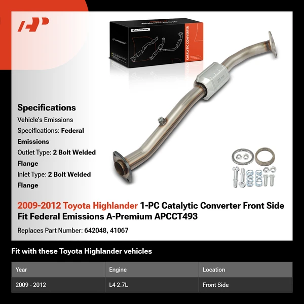 2009-2012 Toyota Highlander 1-PC Catalytic Converter Front Side Fit Federal Emissions A-Premium APCCT493