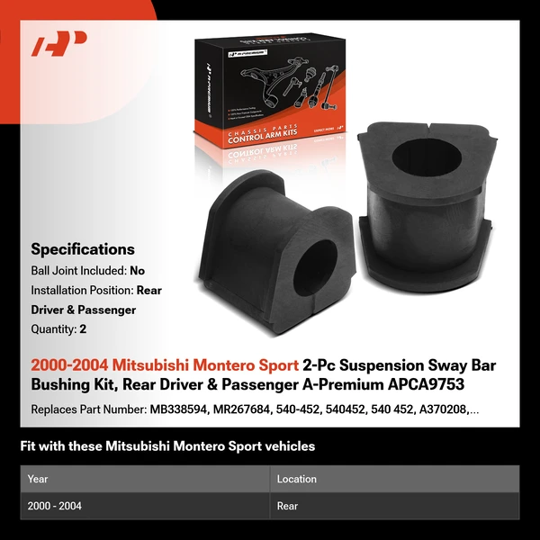 2000-2004 Mitsubishi Montero Sport 2-Pc Suspension Sway Bar Bushing Kit, Rear Driver & Passenger A-Premium APCA9753