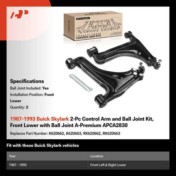 1987-1993 Buick Skylark 2-Pc Control Arm and Ball Joint Kit, Front Lower with Ball Joint A-Premium APCA2830