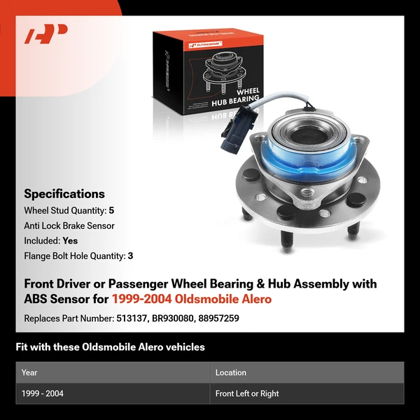 Front Driver or Passenger Wheel Bearing & Hub Assembly with ABS Sensor for 1999-2004 Oldsmobile Alero