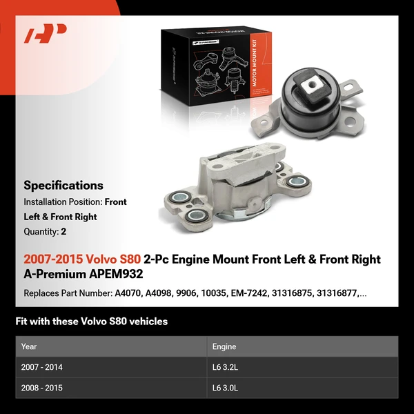 2007-2015 Volvo S80 2-Pc Engine Mount Front Left & Front Right A-Premium APEM932