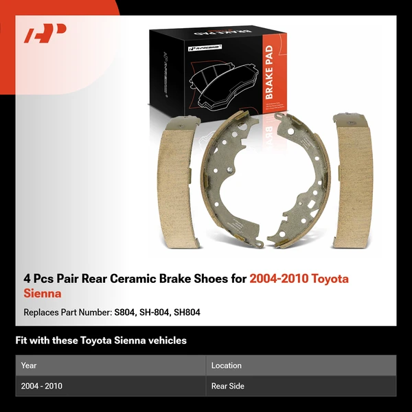 4 Pcs Pair Rear Ceramic Brake Shoes for 2004-2010 Toyota Sienna