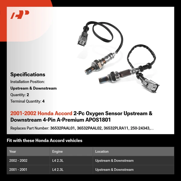 2001-2002 Honda Accord 2-Pc Oxygen Sensor Upstream & Downstream 4-Pin A-Premium APOS1801