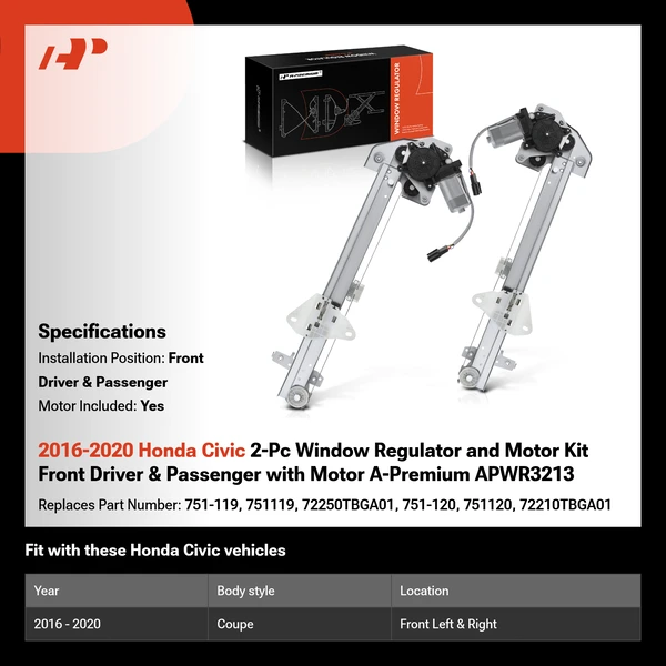 2016-2020 Honda Civic 2-Pc Window Regulator and Motor Kit Front Driver & Passenger with Motor A-Premium APWR3213