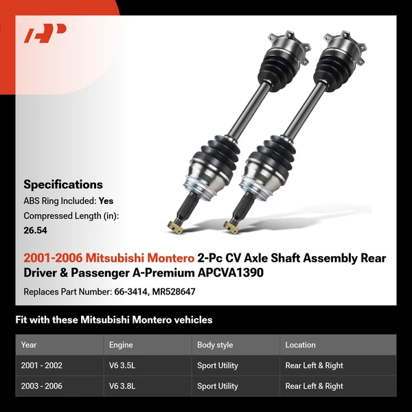 2001-2006 Mitsubishi Montero 2-Pc CV Axle Shaft Assembly Rear Driver & Passenger A-Premium APCVA1390