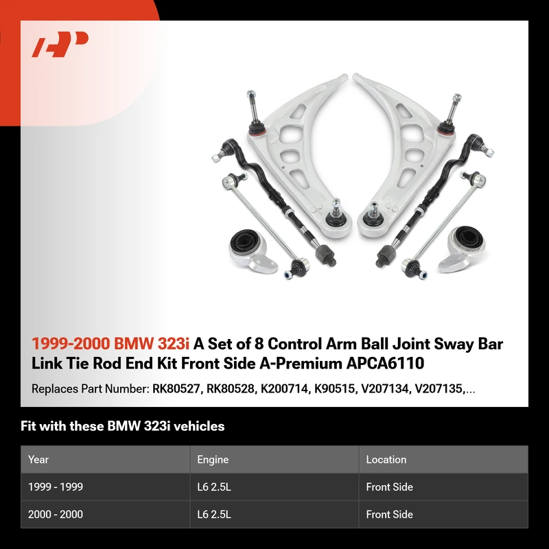 1999-2000 BMW 323i A Set of 8 Control Arm Ball Joint Sway Bar Link Tie Rod End Kit Front Side A-Premium APCA6110