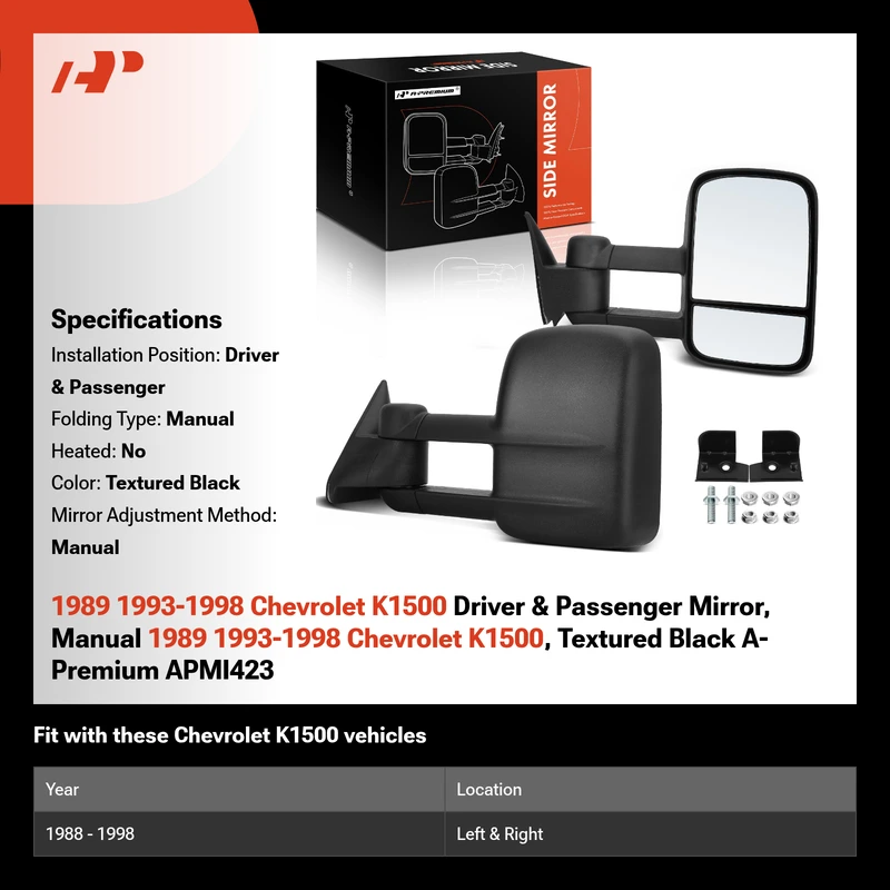 1989 1993-1998 Chevrolet K1500 Driver & Passenger Mirror, Manual 1989 1993-1998 Chevrolet K1500, Textured Black A-Premium APMI423