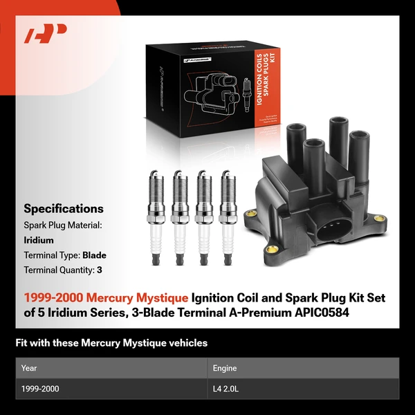 1999-2000 Mercury Mystique Ignition Coil and Spark Plug Kit Set of 5 Iridium Series, 3-Blade Terminal A-Premium APIC0584