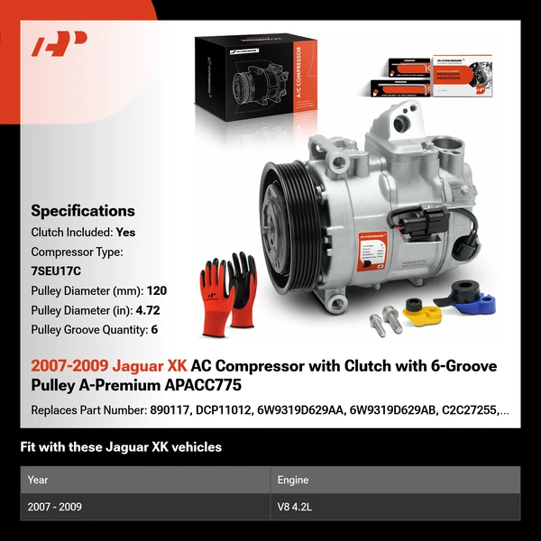 2007-2009 Jaguar XK AC Compressor with Clutch with 6-Groove Pulley A-Premium APACC775