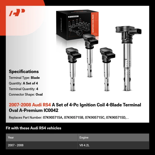 2007-2008 Audi RS4 A Set of 4-Pc Ignition Coil 4-Blade Terminal Oval A-Premium IC0042