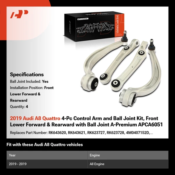 2019 Audi A8 Quattro 4-Pc Control Arm and Ball Joint Kit, Front Lower Forward & Rearward with Ball Joint A-Premium APCA6051