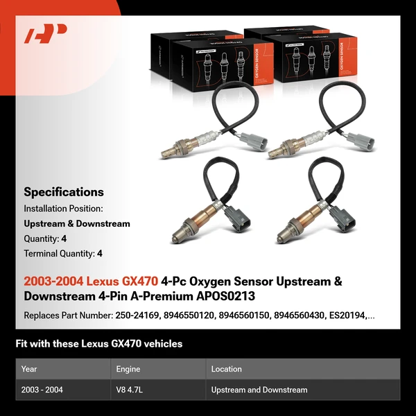 2003-2004 Lexus GX470 4-Pc Oxygen Sensor Upstream & Downstream 4-Pin A-Premium APOS0213