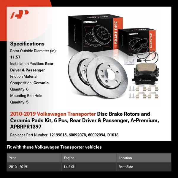 2010-2019 Volkswagen Transporter Disc Brake Rotors and Ceramic Pads Kit, 6 Pcs, Rear Driver & Passenger, A-Premium, APBRPR1397