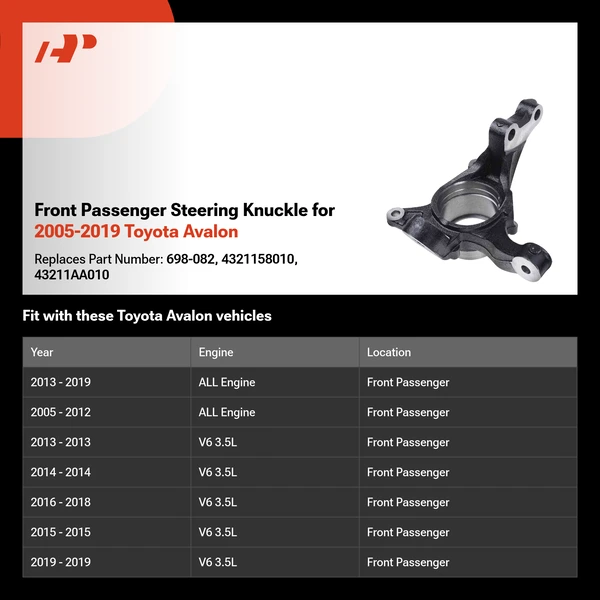 Front Passenger Steering Knuckle for 2005-2019 Toyota Avalon