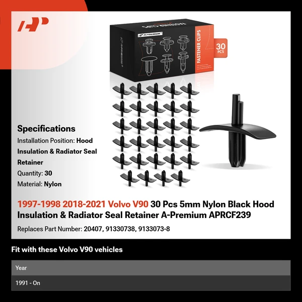 1997-1998 2018-2021 Volvo V90 30 Pcs 5mm Nylon Black Hood Insulation & Radiator Seal Retainer A-Premium APRCF239