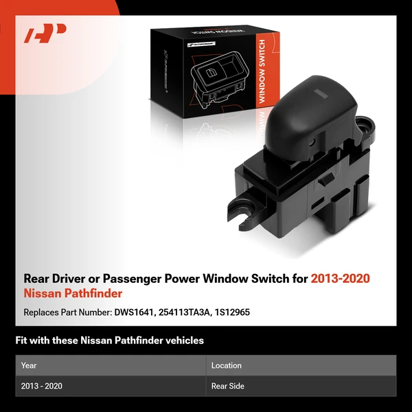 Rear Driver or Passenger Power Window Switch for 2013-2020 Nissan Pathfinder