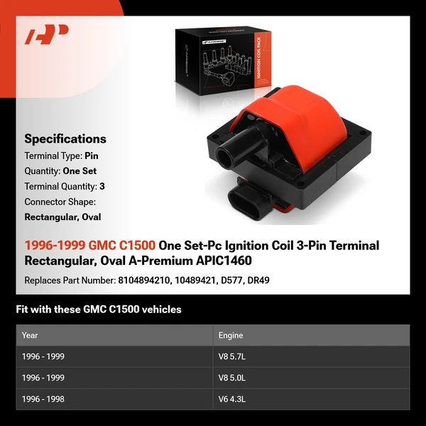 1996-1999 GMC C1500 One Set-Pc Ignition Coil 3-Pin Terminal Rectangular, Oval A-Premium APIC1460