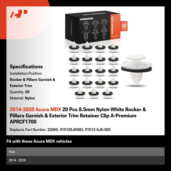 2014-2020 Acura MDX 20 Pcs 8.5mm Nylon White Rocker & Pillars Garnish & Exterior Trim Retainer Clip A-Premium APRCF1700