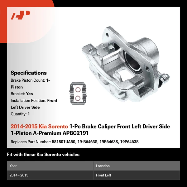 2014-2015 Kia Sorento 1-Pc Brake Caliper Front Left Driver Side 1-Piston A-Premium APBC2191