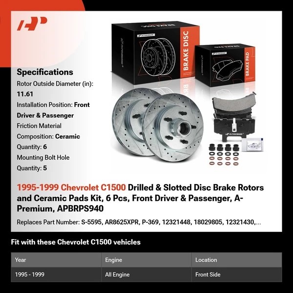 1995-1999 Chevrolet C1500 Drilled & Slotted Disc Brake Rotors and Ceramic Pads Kit, 6 Pcs, Front Driver & Passenger, A-Premium, APBRPS940