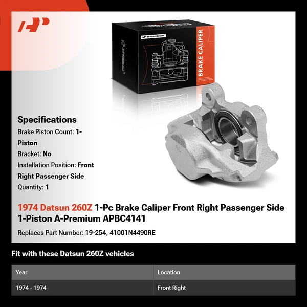 1974 Datsun 260Z 1-Pc Brake Caliper Front Right Passenger Side 1-Piston A-Premium APBC4141