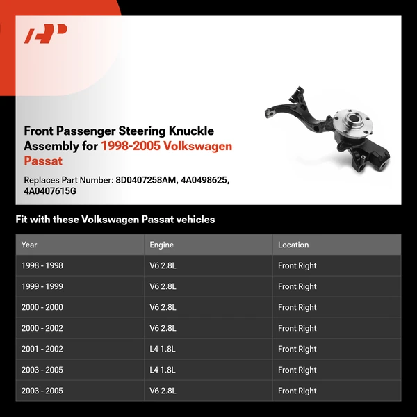 Front Passenger Steering Knuckle Assembly for 1998-2005 Volkswagen Passat