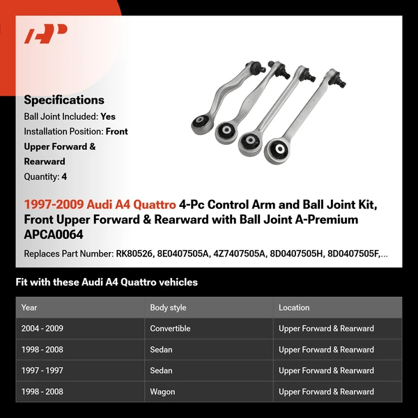 1997-2009 Audi A4 Quattro 4-Pc Control Arm and Ball Joint Kit, Front Upper Forward & Rearward with Ball Joint A-Premium APCA0064