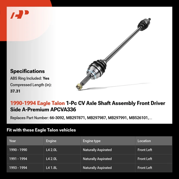 1990-1994 Eagle Talon 1-Pc CV Axle Shaft Assembly Front Driver Side A-Premium APCVA336