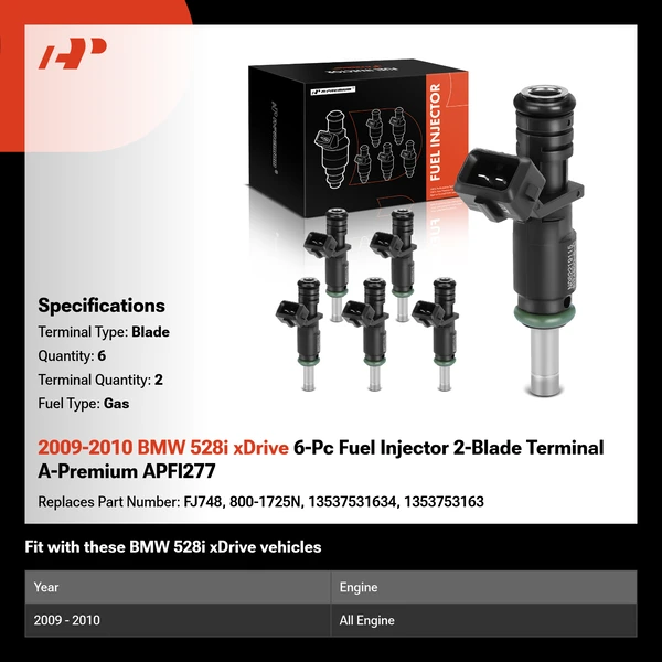 2009-2010 BMW 528i xDrive 6-Pc Fuel Injector 2-Blade Terminal A-Premium APFI277