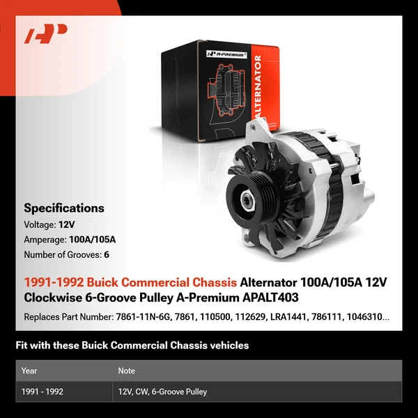 1991-1992 Buick Commercial Chassis Alternator 100A/105A 12V Clockwise 6-Groove Pulley A-Premium APALT403