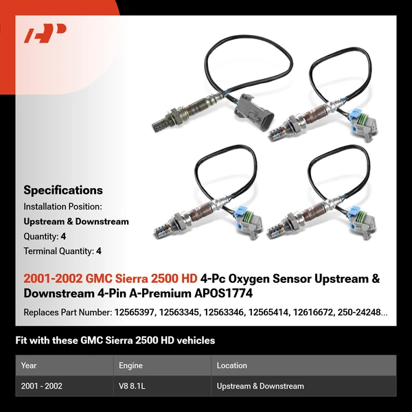 2001-2002 GMC Sierra 2500 HD 4-Pc Oxygen Sensor Upstream & Downstream 4-Pin A-Premium APOS1774
