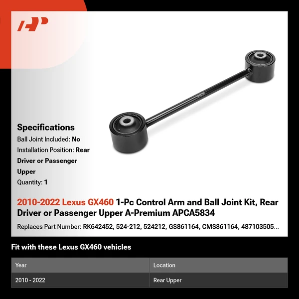 2010-2022 Lexus GX460 1-Pc Control Arm and Ball Joint Kit, Rear Driver or Passenger Upper A-Premium APCA5834