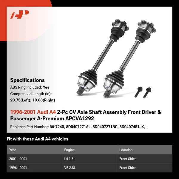 1996-2001 Audi A4 2-Pc CV Axle Shaft Assembly Front Driver & Passenger A-Premium APCVA1292