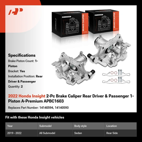 2022 Honda Insight 2-Pc Brake Caliper Rear Driver & Passenger 1-Piston A-Premium APBC1603