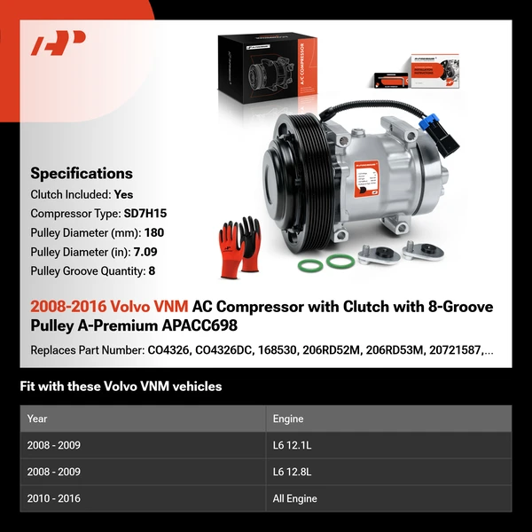 2008-2016 Volvo VNM AC Compressor with Clutch with 8-Groove Pulley A-Premium APACC698