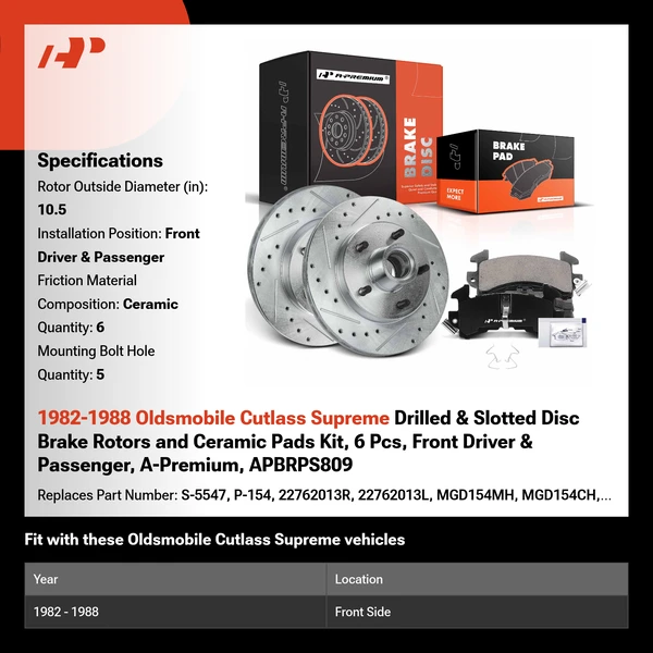 1982-1988 Oldsmobile Cutlass Supreme Drilled & Slotted Disc Brake Rotors and Ceramic Pads Kit, 6 Pcs, Front Driver & Passenger, A-Premium, APBRPS809