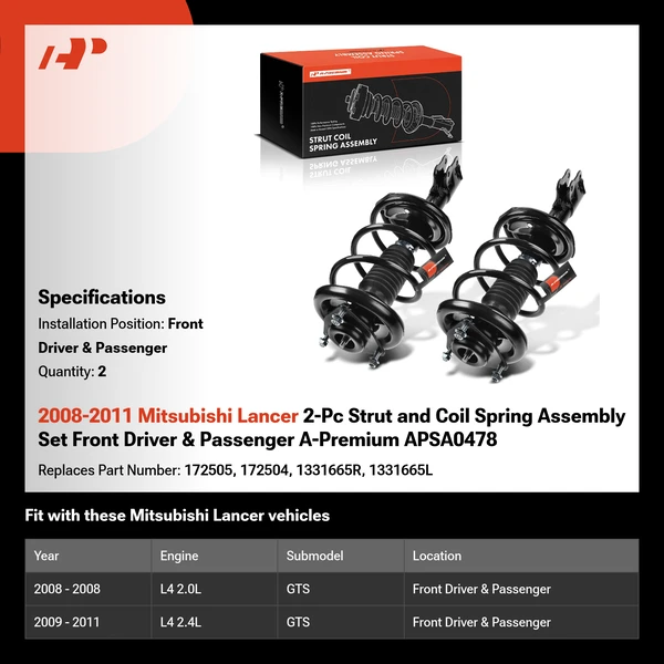 2008-2011 Mitsubishi Lancer 2-Pc Strut and Coil Spring Assembly Set Front Driver & Passenger A-Premium APSA0478