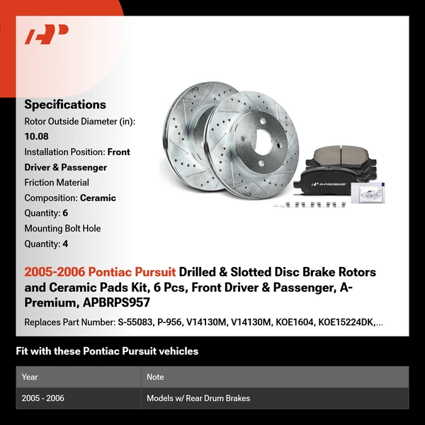 2005-2006 Pontiac Pursuit Drilled & Slotted Disc Brake Rotors and Ceramic Pads Kit, 6 Pcs, Front Driver & Passenger, A-Premium, APBRPS957