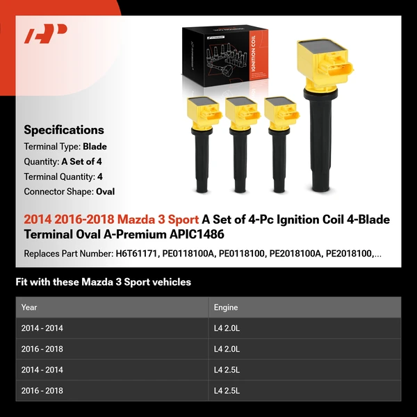 2014 2016-2018 Mazda 3 Sport A Set of 4-Pc Ignition Coil 4-Blade Terminal Oval A-Premium APIC1486