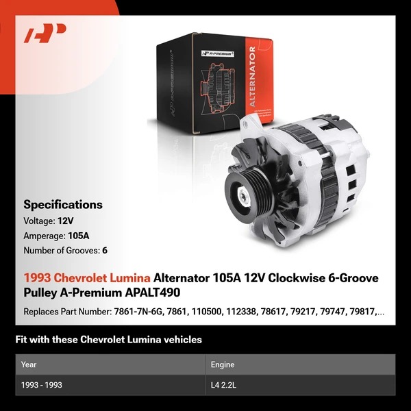 1993 Chevrolet Lumina Alternator 105A 12V Clockwise 6-Groove Pulley A-Premium APALT490