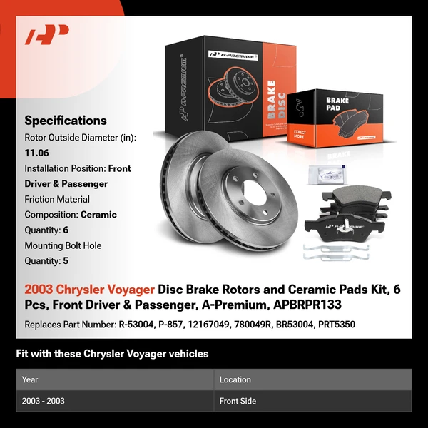 2003 Chrysler Voyager Disc Brake Rotors and Ceramic Pads Kit, 6 Pcs, Front Driver & Passenger, A-Premium, APBRPR133