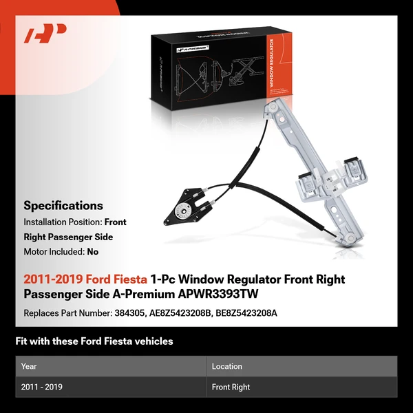 2011-2019 Ford Fiesta 1-Pc Window Regulator Front Right Passenger Side A-Premium APWR3393TW
