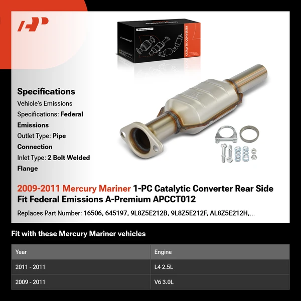 2009-2011 Mercury Mariner 1-PC Catalytic Converter Rear Side Fit Federal Emissions A-Premium APCCT012
