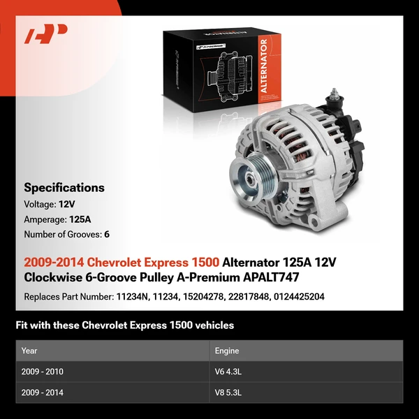 2009-2014 Chevrolet Express 1500 Alternator 125A 12V Clockwise 6-Groove Pulley A-Premium APALT747