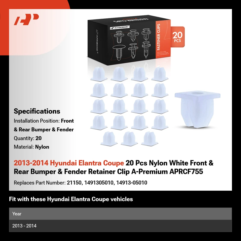 2013-2014 Hyundai Elantra Coupe 20 Pcs Nylon White Front & Rear Bumper & Fender Retainer Clip A-Premium APRCF755